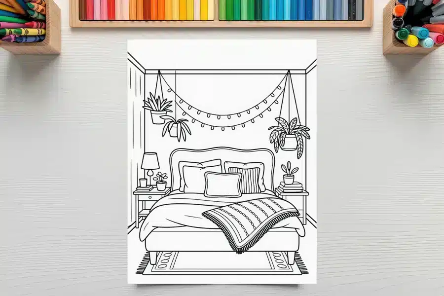 Line Drawing Of A Cozy Bedroom With A Bed, Nightstands, Hanging Plants, And String Lights.