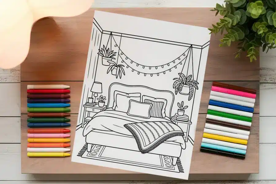 Boho Minimalist Bedroom Free Coloring Page - printable adult coloring sheet with plants and modern decor