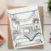 A Coloring Page Depicting A Cozy Bedroom With A Bed, Nightstand, Plants, And String Lights.
