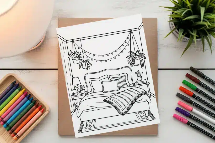 A Coloring Page Depicting A Cozy Bedroom With A Bed, Nightstand, Plants, And String Lights.