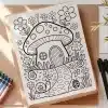Coloring Page Featuring A Mushroom House Surrounded By Flowers, Snails, And Ladybugs.