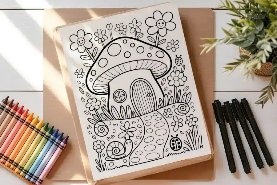 Coloring Page Featuring A Mushroom House Surrounded By Flowers, Snails, And Ladybugs.