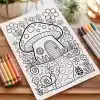 Coloring Page Depicting A Whimsical Mushroom House Surrounded By Flowers And Snails.