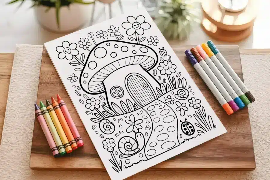Coloring Page Depicting A Whimsical Mushroom House Surrounded By Flowers And Snails.