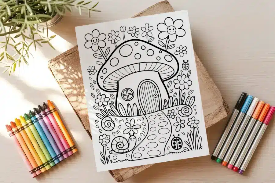 Coloring Page Featuring A Mushroom House Surrounded By Flowers, A Snail, And Ladybugs.