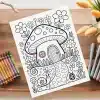 A Coloring Page Featuring A Mushroom House Surrounded By Flowers And Snails.