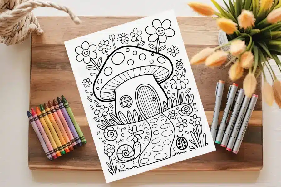 A Coloring Page Featuring A Mushroom House Surrounded By Flowers And Snails.