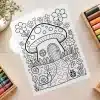 A Coloring Page Featuring A Whimsical Mushroom House Surrounded By Flowers, Snails, And A Ladybug.