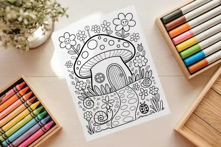 A Coloring Page Featuring A Whimsical Mushroom House Surrounded By Flowers, Snails, And A Ladybug.