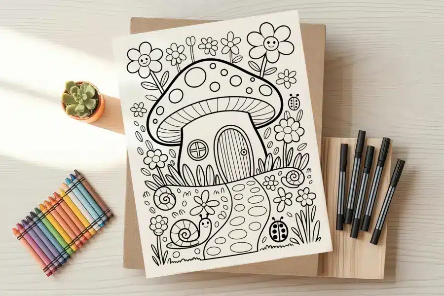 Mushroom House Free Coloring Page - printable kids coloring sheet with snails and flowers
