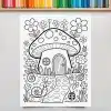 A Coloring Page Featuring A Whimsical Mushroom House Surrounded By Flowers, Snails, And Ladybugs.