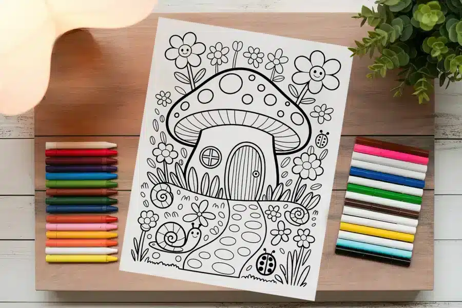 Coloring Page Featuring A Whimsical Mushroom House Surrounded By Flowers And Snails.