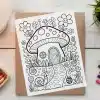 Coloring Page Featuring A Whimsical Mushroom House Surrounded By Flowers, Snails, And Ladybugs.