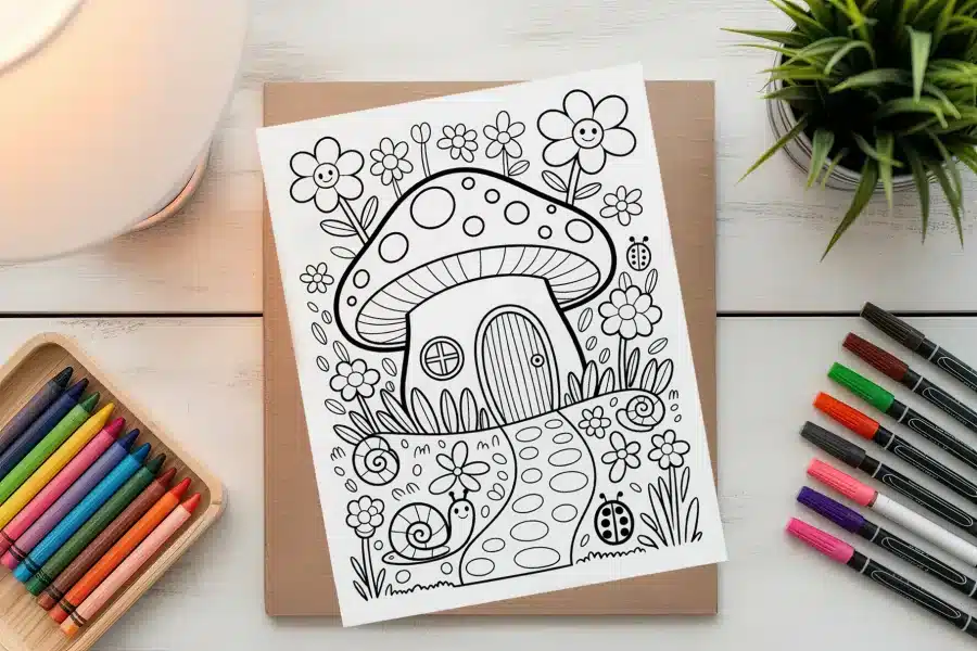 Coloring Page Featuring A Whimsical Mushroom House Surrounded By Flowers, Snails, And Ladybugs.