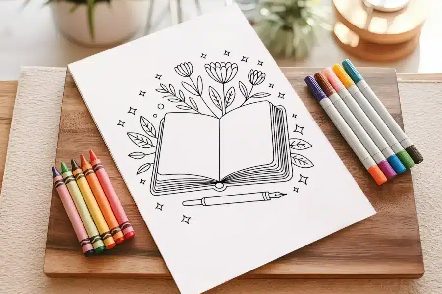 Coloring Page Depicting An Open Book With Flowers And Leaves Emerging From It, Accompanied By A Pen.