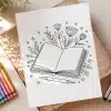 Line Drawing Of An Open Book With Flowers And Leaves Sprouting From Its Pages, And A Pen Resting Below.