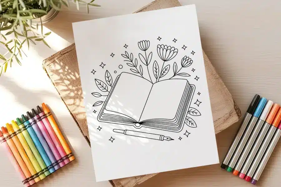 Line Drawing Of An Open Book With Flowers And Leaves Sprouting From Its Pages, And A Pen Resting Below.