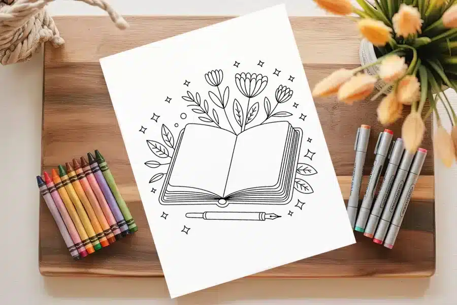 Line drawing of an open book with flowers growing from its pages and a pen.