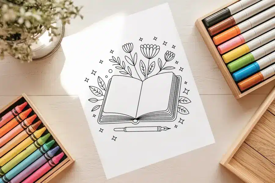 Floral Open Book Free Coloring Page - printable adult coloring sheet with flowers growing from book