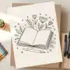 Line Drawing Of An Open Book With Flowers And Leaves Sprouting From Its Pages, And A Pen Resting On Top.