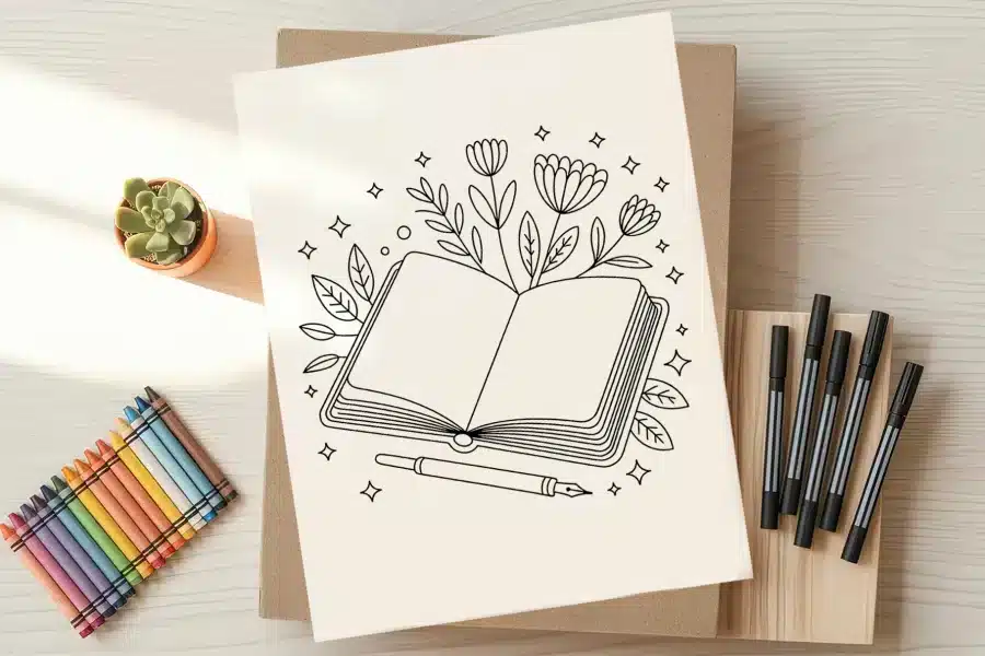 Line Drawing Of An Open Book With Flowers And Leaves Sprouting From Its Pages, And A Pen Resting On Top.