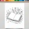 Line Drawing Of An Open Book With Flowers And Leaves Springing From Its Pages, And A Pen Resting Below.