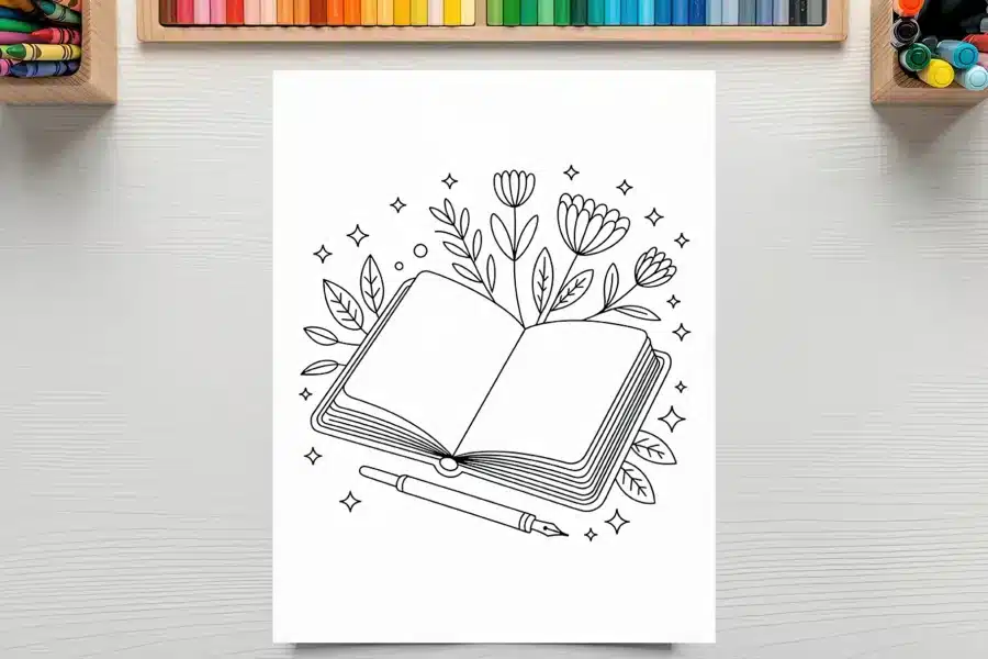 Line Drawing Of An Open Book With Flowers And Leaves Springing From Its Pages, And A Pen Resting Below.