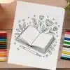 Line Drawing Of An Open Book With Flowers And Leaves Growing From It, And A Pen Resting On The Pages.