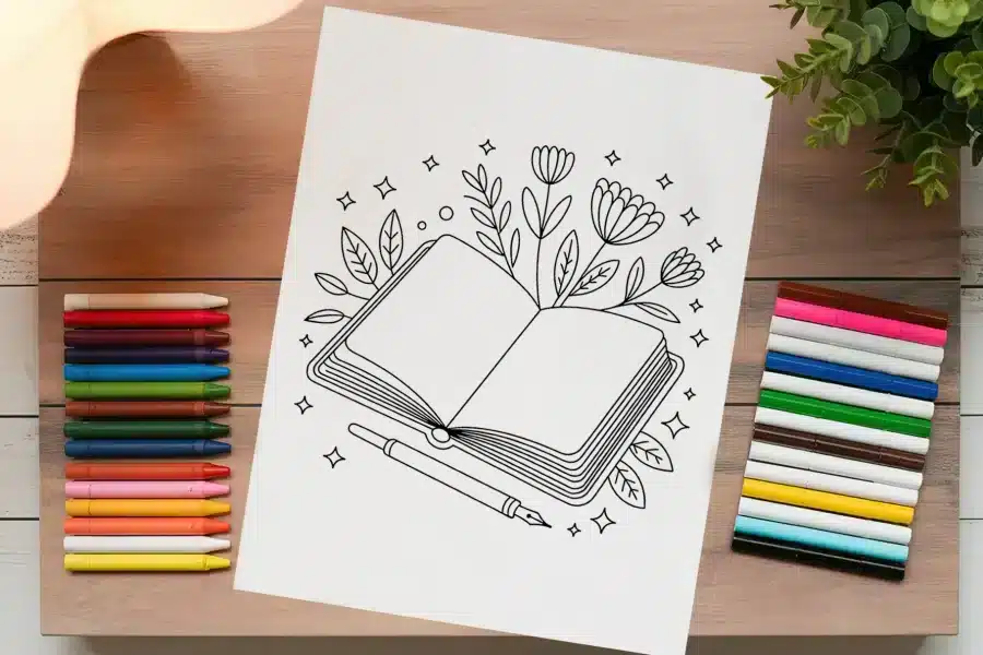 Line Drawing Of An Open Book With Flowers And Leaves Growing From It, And A Pen Resting On The Pages.