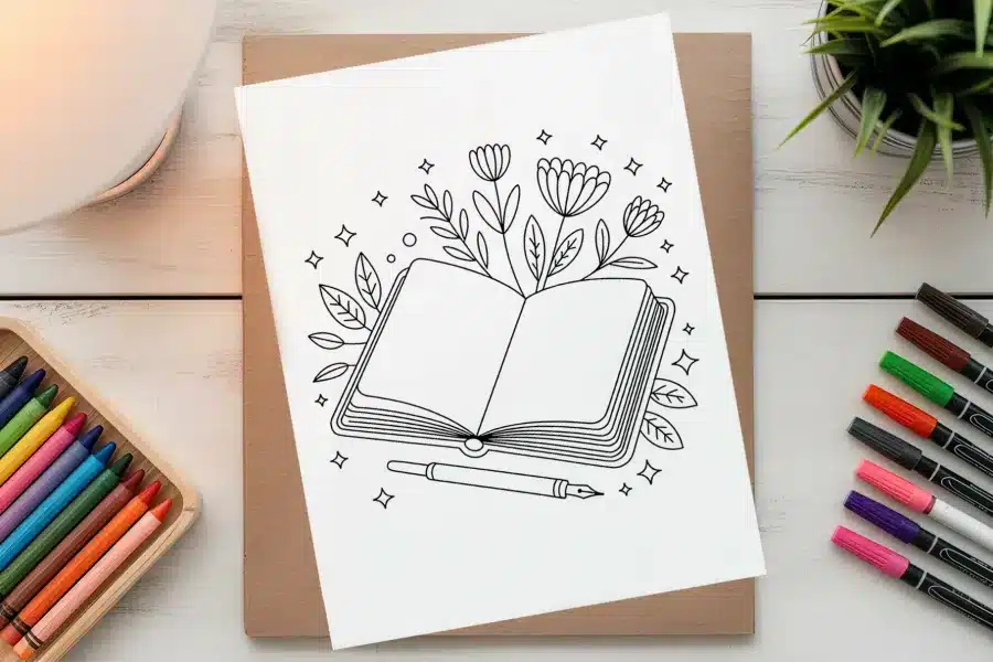 Line Drawing Of An Open Book With Flowers And Leaves Sprouting From Its Pages, And A Pen Resting Below.