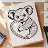 Line Drawing Of A Koala Hugging A Heart.