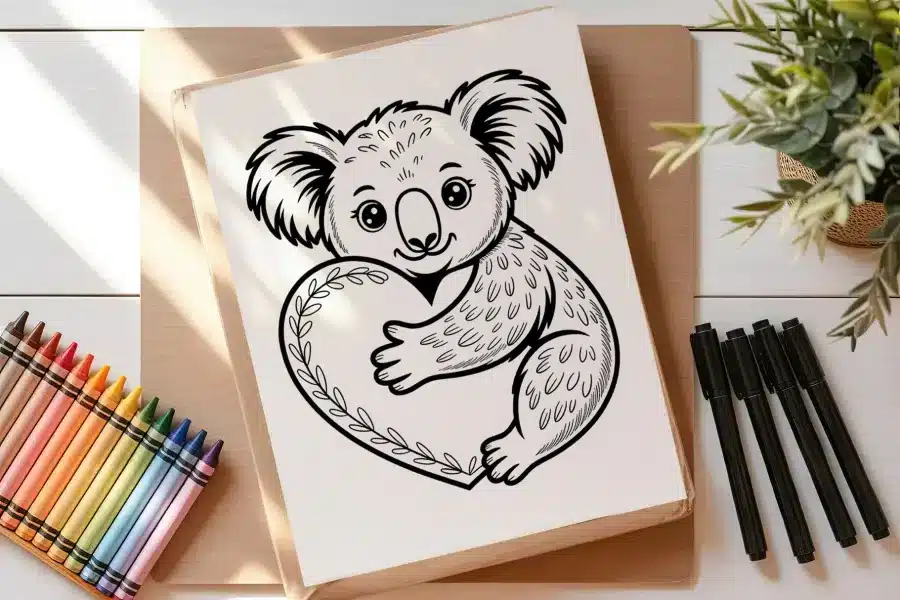 Line Drawing Of A Koala Hugging A Heart.