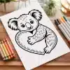 Line Drawing Of A Koala Hugging A Heart.