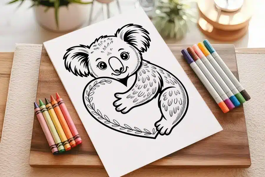 Line Drawing Of A Koala Hugging A Heart.