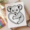 Line Drawing Of A Koala Hugging A Heart.