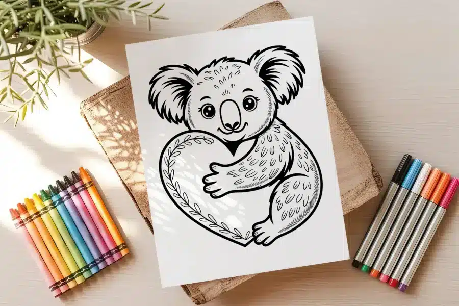 Line Drawing Of A Koala Hugging A Heart.