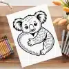 Line Drawing Of A Koala Hugging A Heart.
