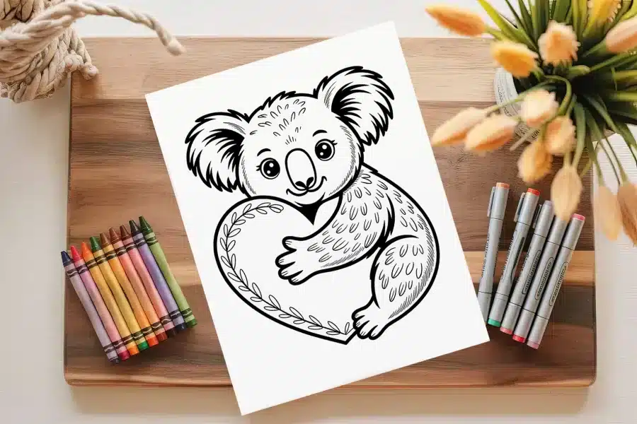 Line Drawing Of A Koala Hugging A Heart.