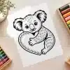 Koala Hugging Heart Free Coloring Page - Printable Kids Coloring Sheet Of Koala With Heart