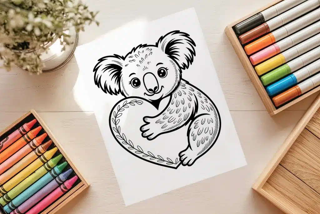Koala Hugging Heart Free Coloring Page - Printable Kids Coloring Sheet Of Koala With Heart