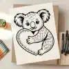 Line Drawing Of A Koala Hugging A Heart.