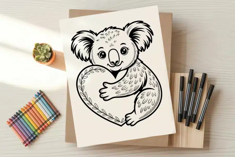 Line Drawing Of A Koala Hugging A Heart.