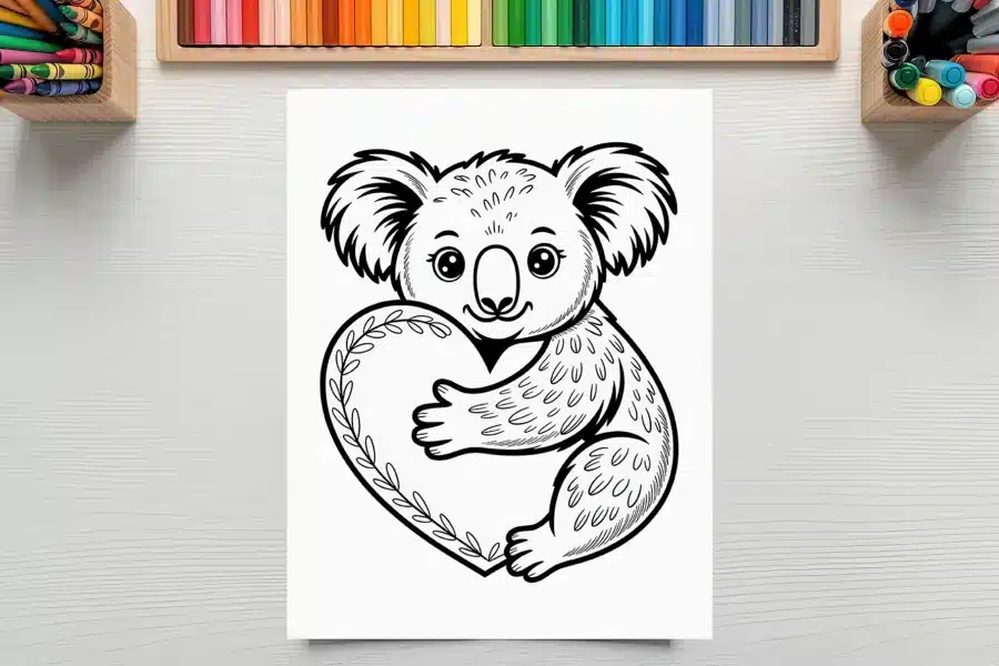 Line Drawing Of A Koala Hugging A Heart.