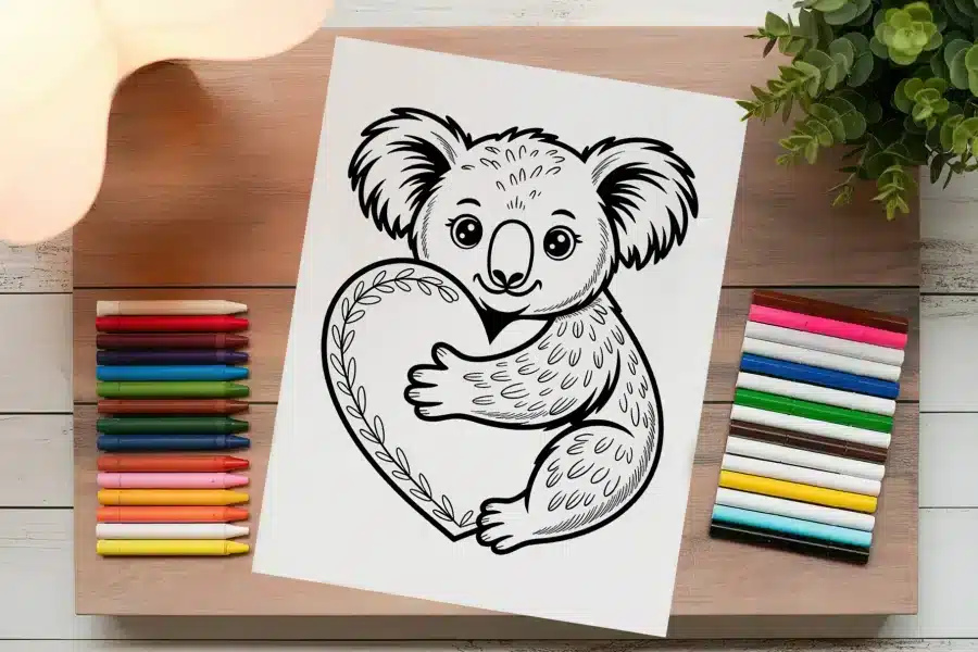 Line Drawing Of A Koala Hugging A Heart.