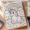 A Coloring Page Featuring A Cute Unicorn Sitting Under A Rainbow With Stars.