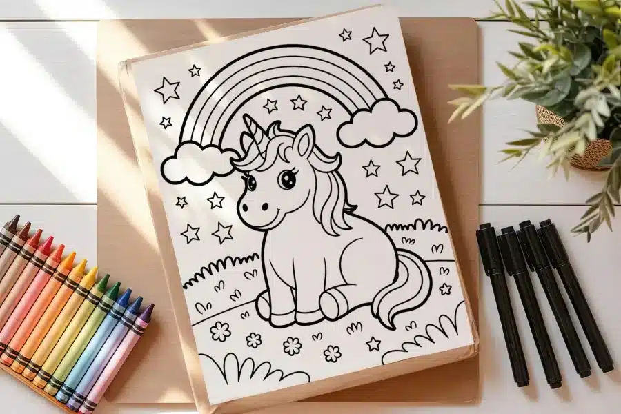 A Coloring Page Featuring A Cute Unicorn Sitting Under A Rainbow With Stars.