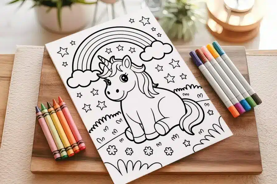A Coloring Page Featuring A Cute Unicorn Sitting Under A Rainbow.