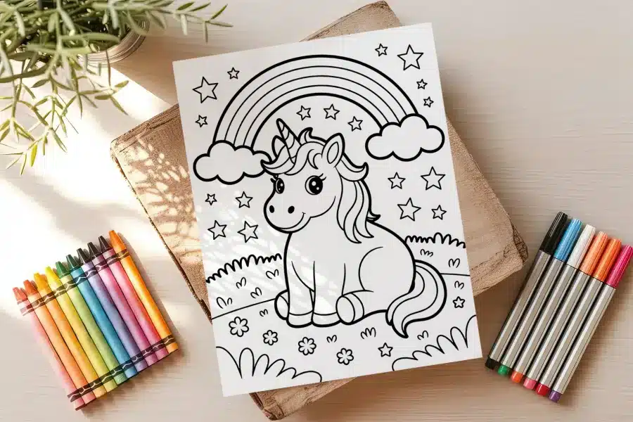 A Coloring Page Featuring A Cute Unicorn Sitting Under A Rainbow With Stars.