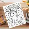 Coloring Page Featuring A Unicorn Sitting Under A Rainbow.
