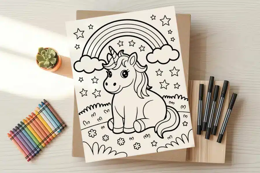 A coloring page featuring a cute unicorn sitting under a rainbow with stars.